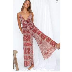Saints + Secrets Burgundy Paisley Print Deep V-Neck Jumpsuit Size S